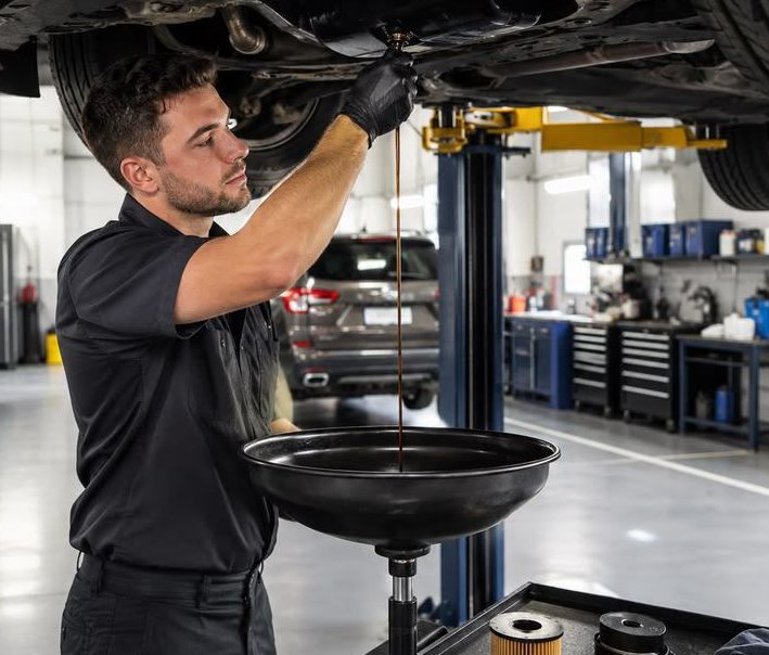Technician draining engine oil under a lifted car