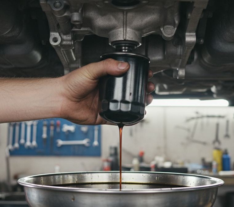 Technician draining used oil from an engine