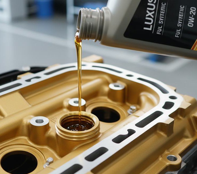 Fresh motor oil being poured into an engine