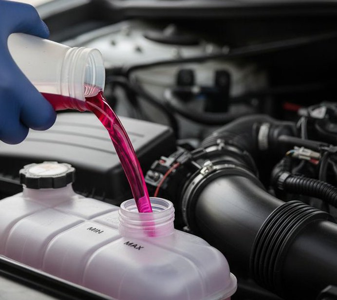 Coolant and fluids being topped up in an engine bay