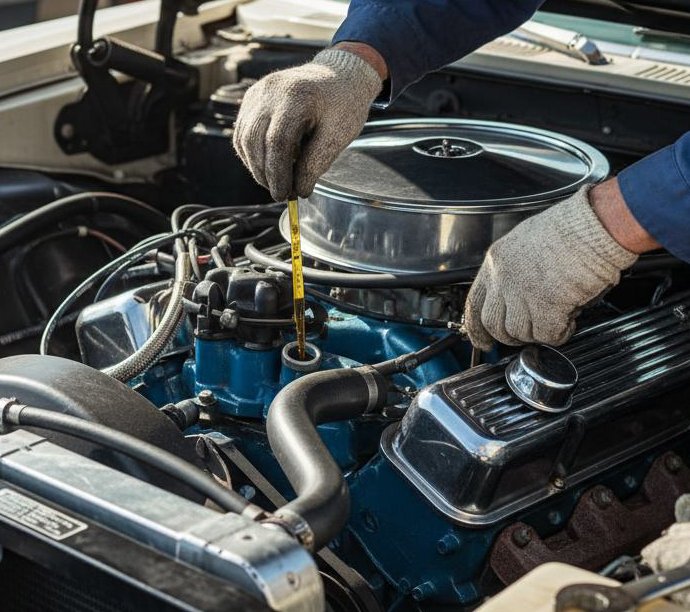 Technician checking the oil level with a dipstick