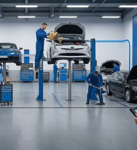 LIFT technicians servicing cars in the workshop